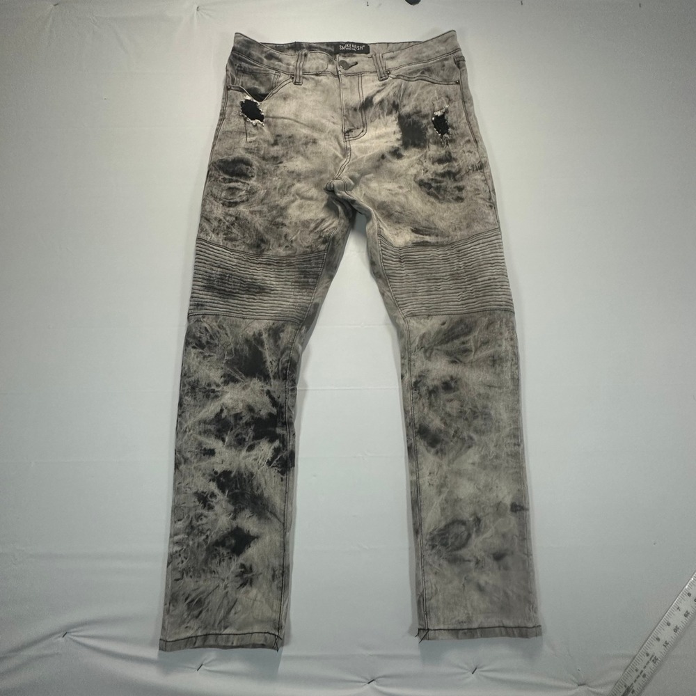 Smoke & Ash Mens Moto Jeans 32x30 Grey Acid Wash Dye Distressed M9-201130-GRY